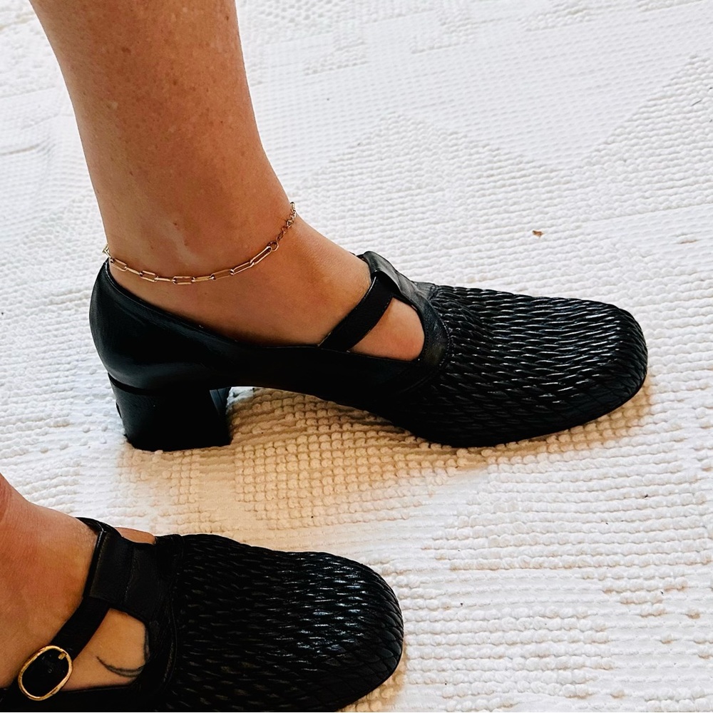 Black Woven Buckle Block Heel Leather Shoes Comfort Rite by Sequoia Size 10.5